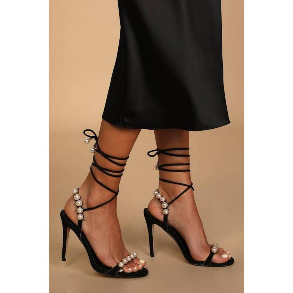 Lulus Marisaa Black Suede Pearl Lace-up High Heel Sandals - Size 8